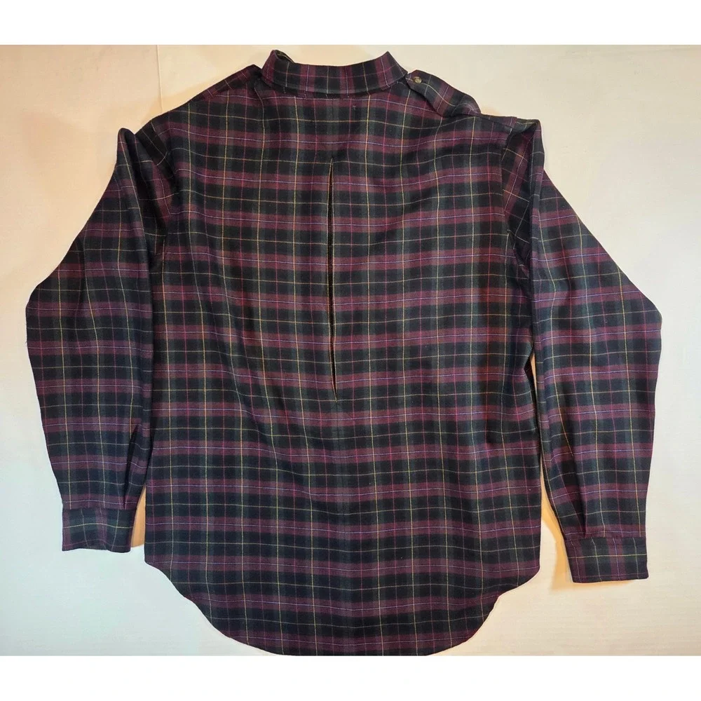 Polo Ralph Lauren Vanguard Wool Plaid Shirt Mens Large Burgundy Green Epaulets